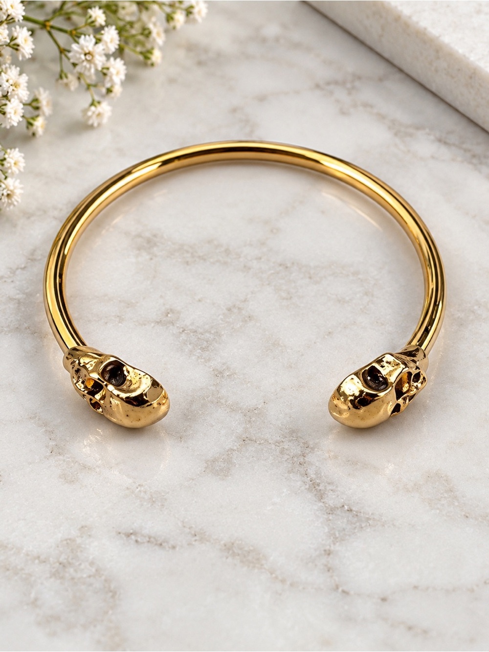 Gold Skull-Ended Open Bangle Bracelet - Women Jewelry